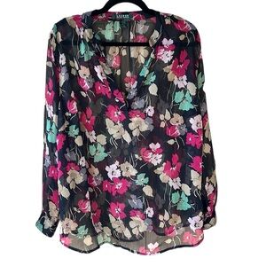 Lauren Ralph Lauren 1X Sheer Black Floral Long Sleeve Blouse Split Collar